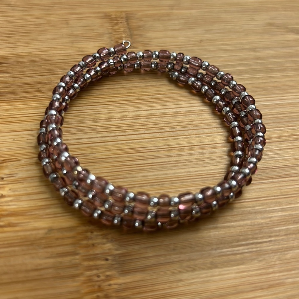 Beaded Wire Wrap Light Pink Plum & Silver Bracelet Metal & Stone Flexible